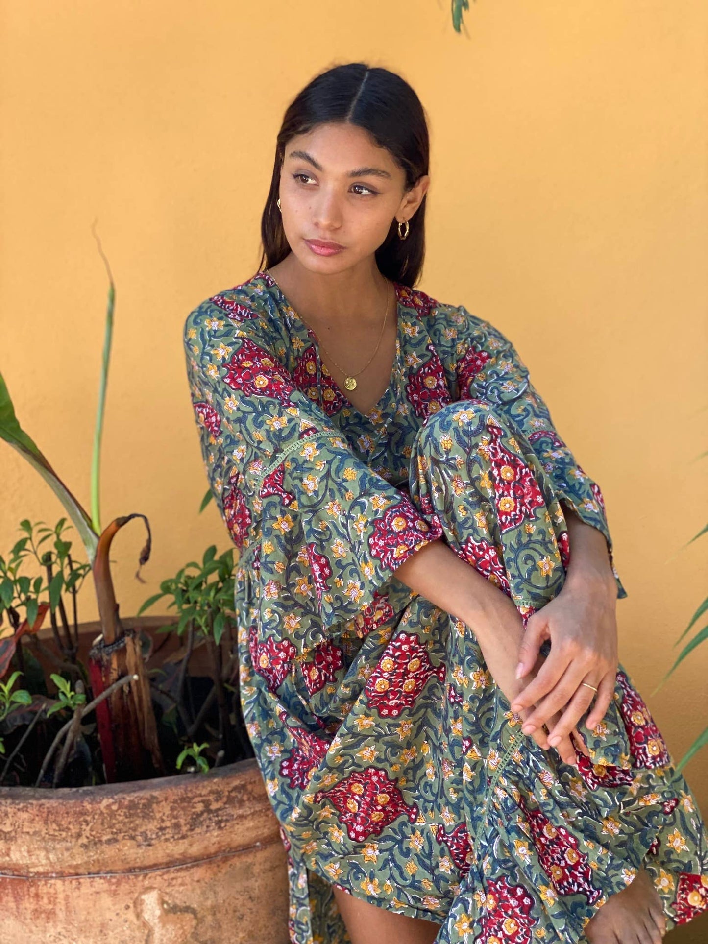 Omisha Block Printed Flare Sleeve Maxi Dress