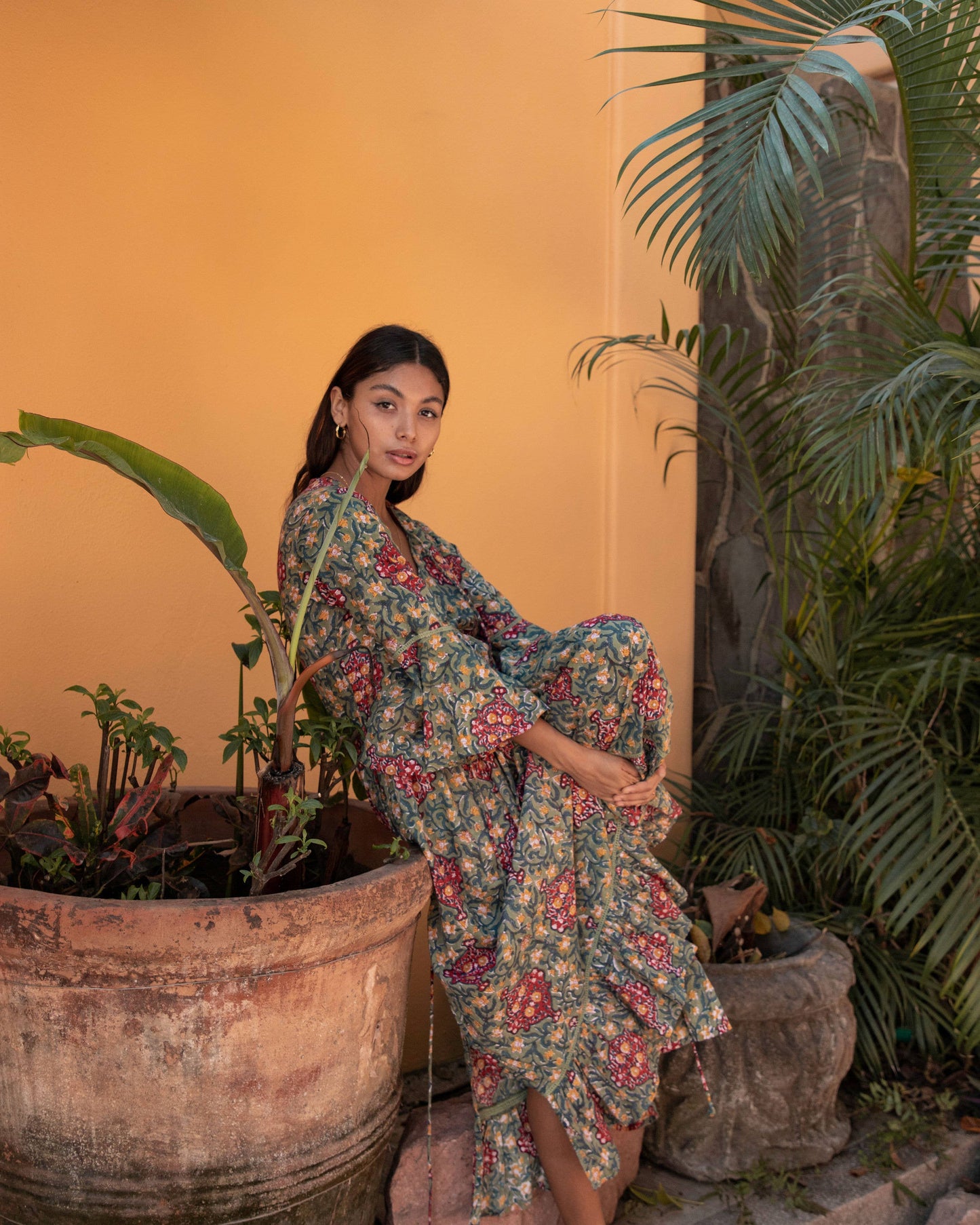 Omisha Block Printed Flare Sleeve Maxi Dress