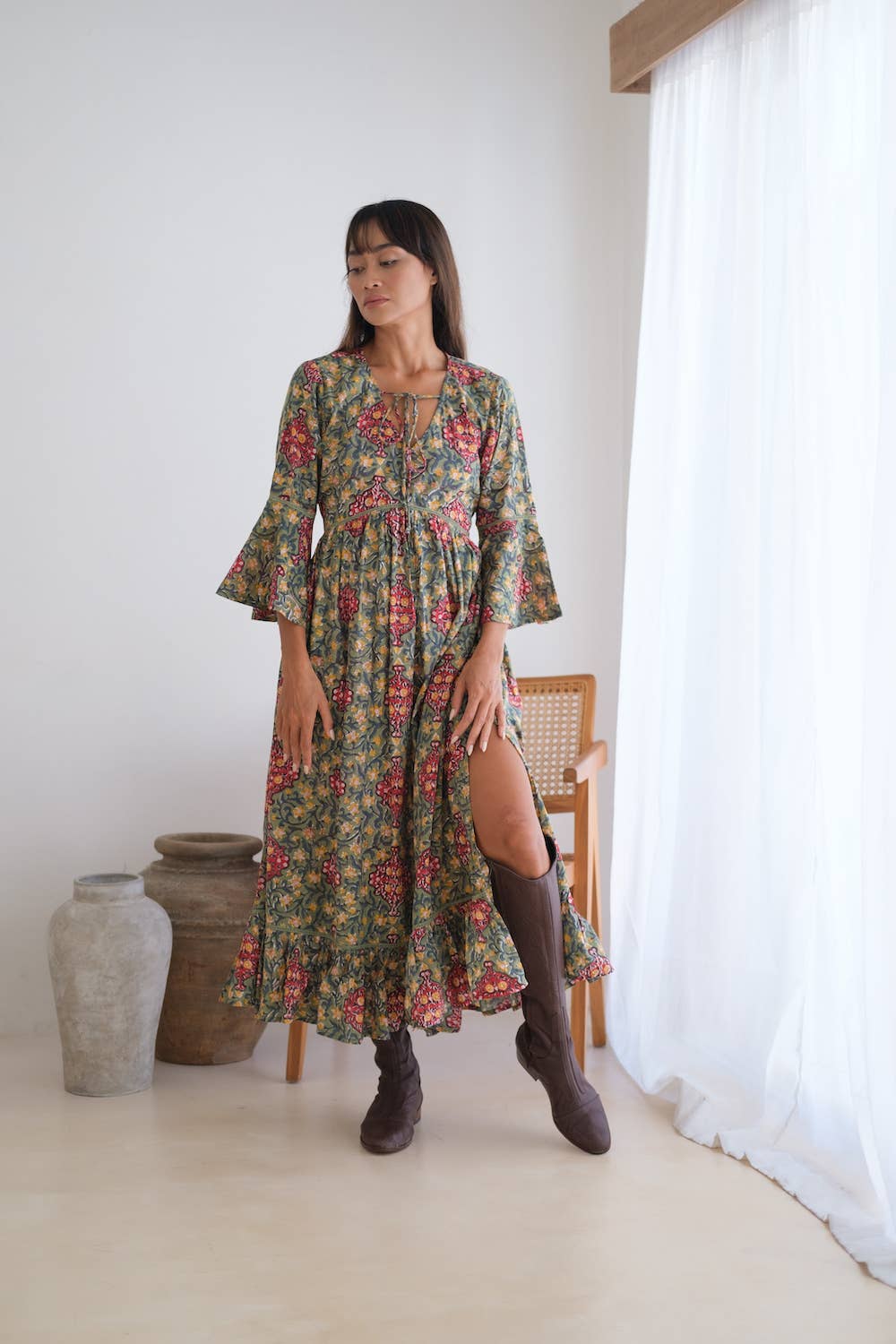 Omisha Block Printed Flare Sleeve Maxi Dress