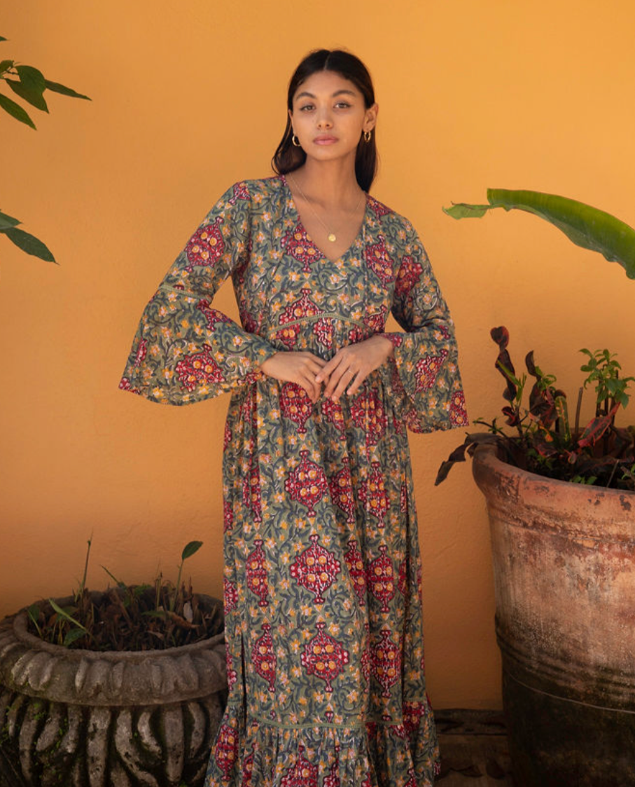 Omisha Block Printed Flare Sleeve Maxi Dress