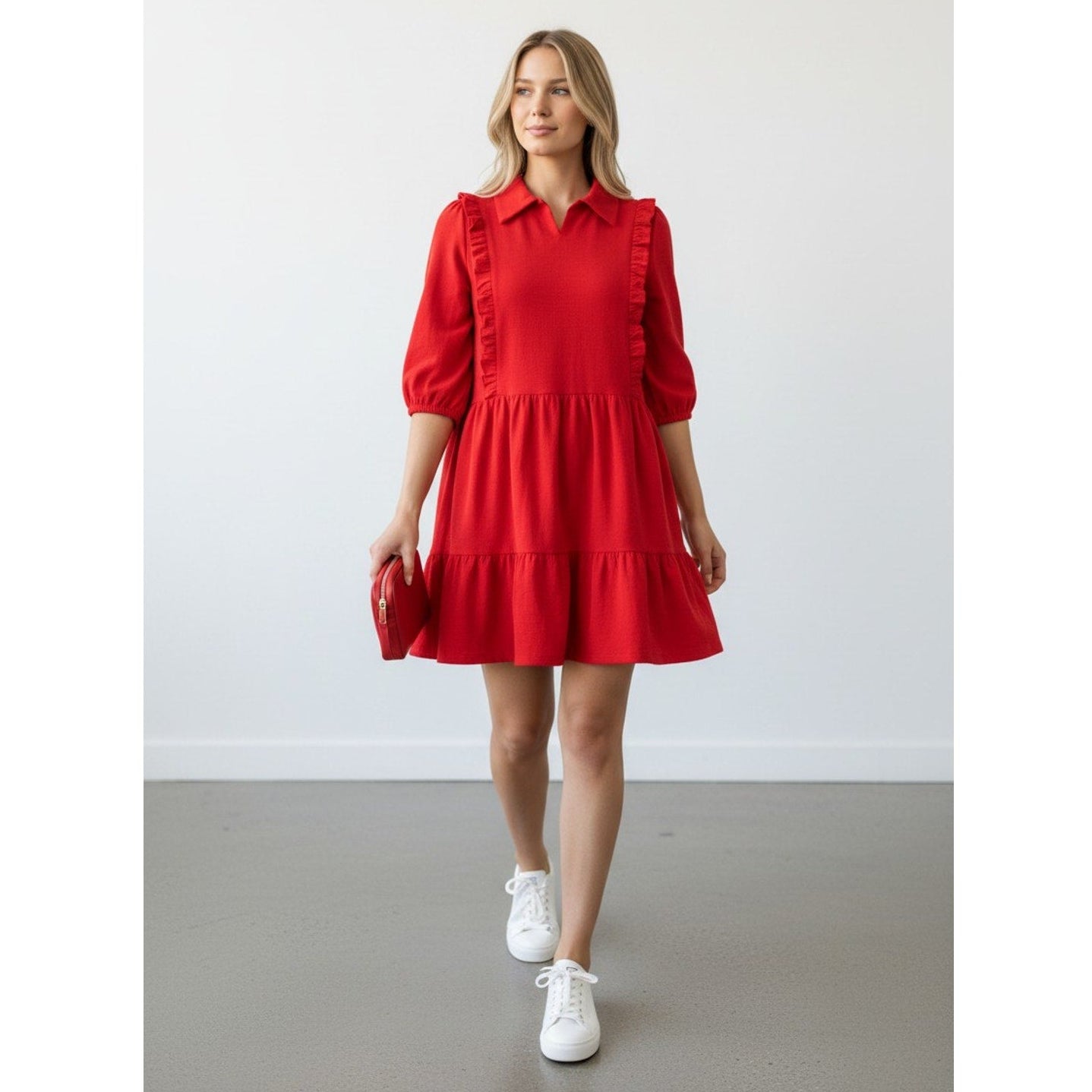 Umgee Red Babydoll Mini Dress Ruffle Collar Cotton