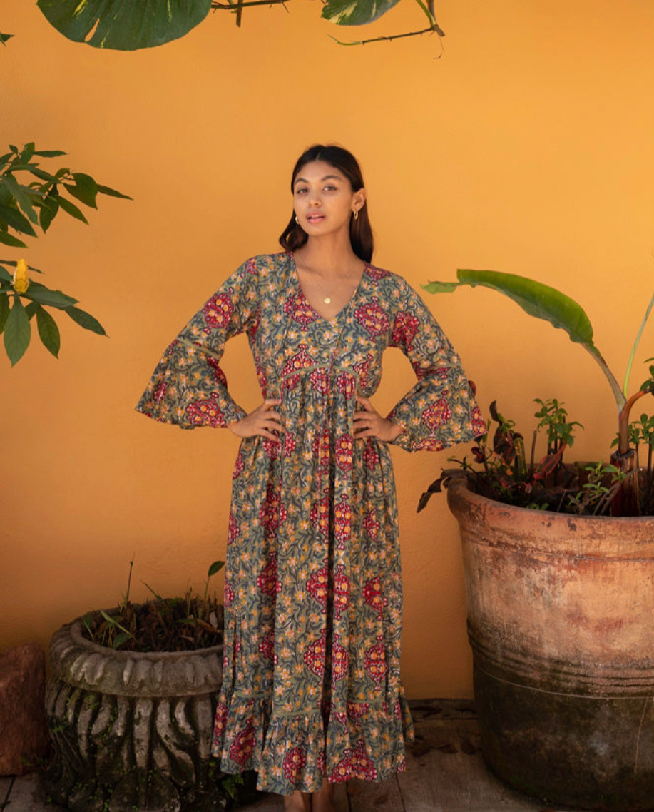Omisha Block Printed Flare Sleeve Maxi Dress