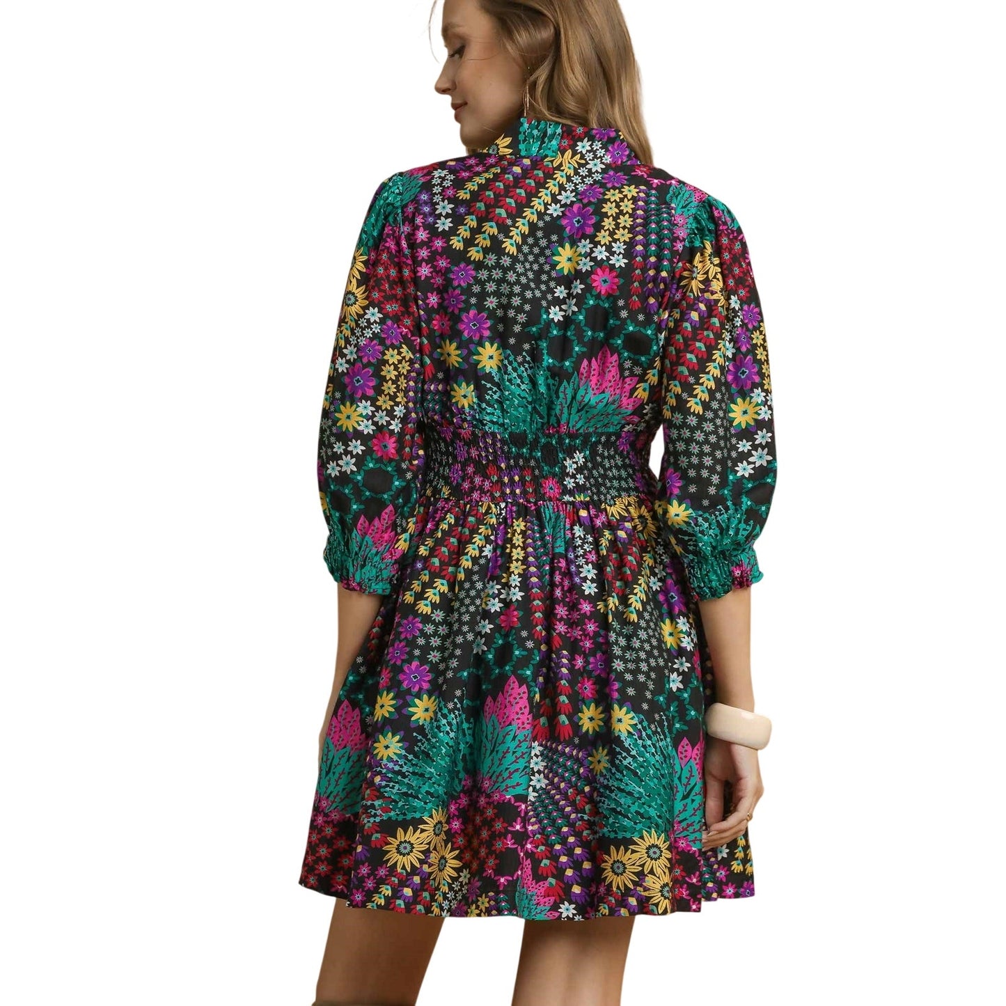 Boho Floral Zip Front Mini Dress Smocked Waist Fall Black Multi