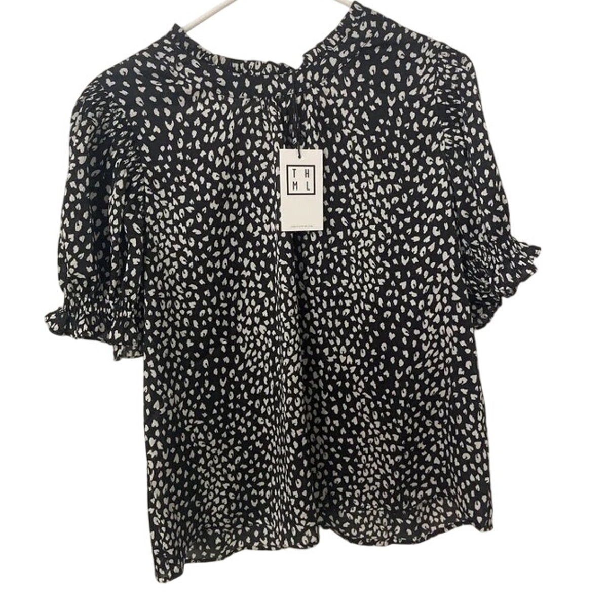 THML Spotted NWT Puff Sleeve Mock Neck Blouse M