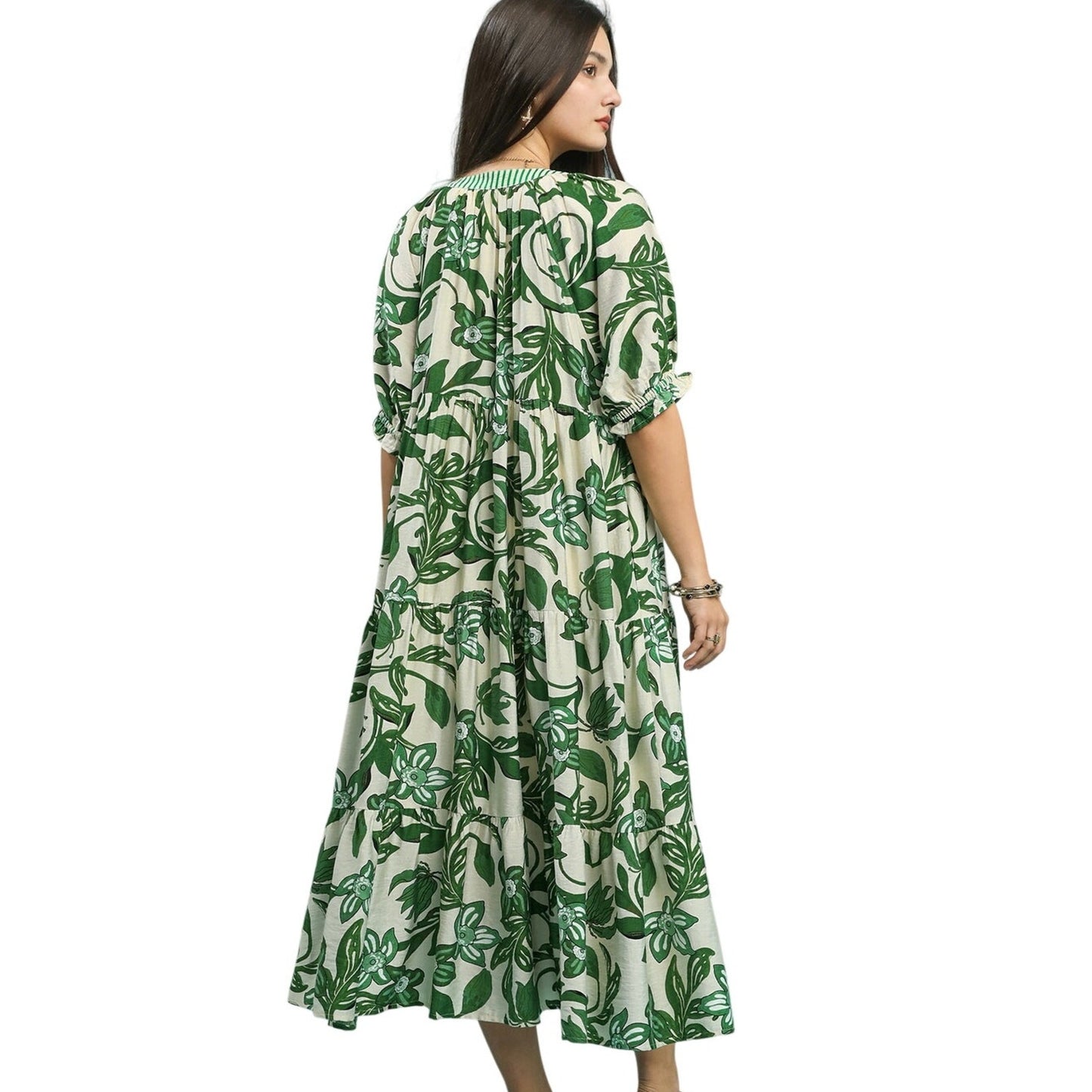 Botanical Leaf Print Tiered Midi Dress V-Neck Lined Green Cream Boho M