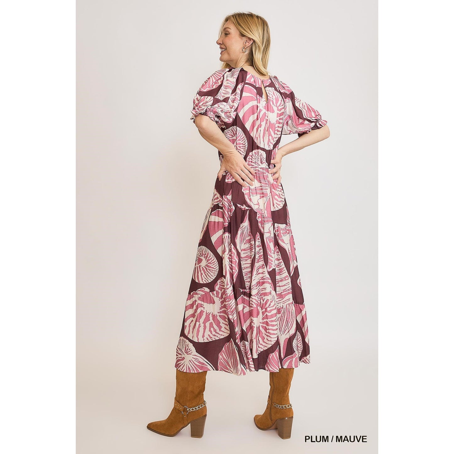 Umgee Plum Botanical Floral Midi Dress Smocked Waist Boho Fall