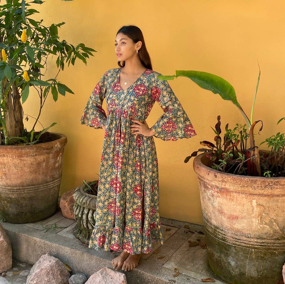 Omisha Block Printed Flare Sleeve Maxi Dress