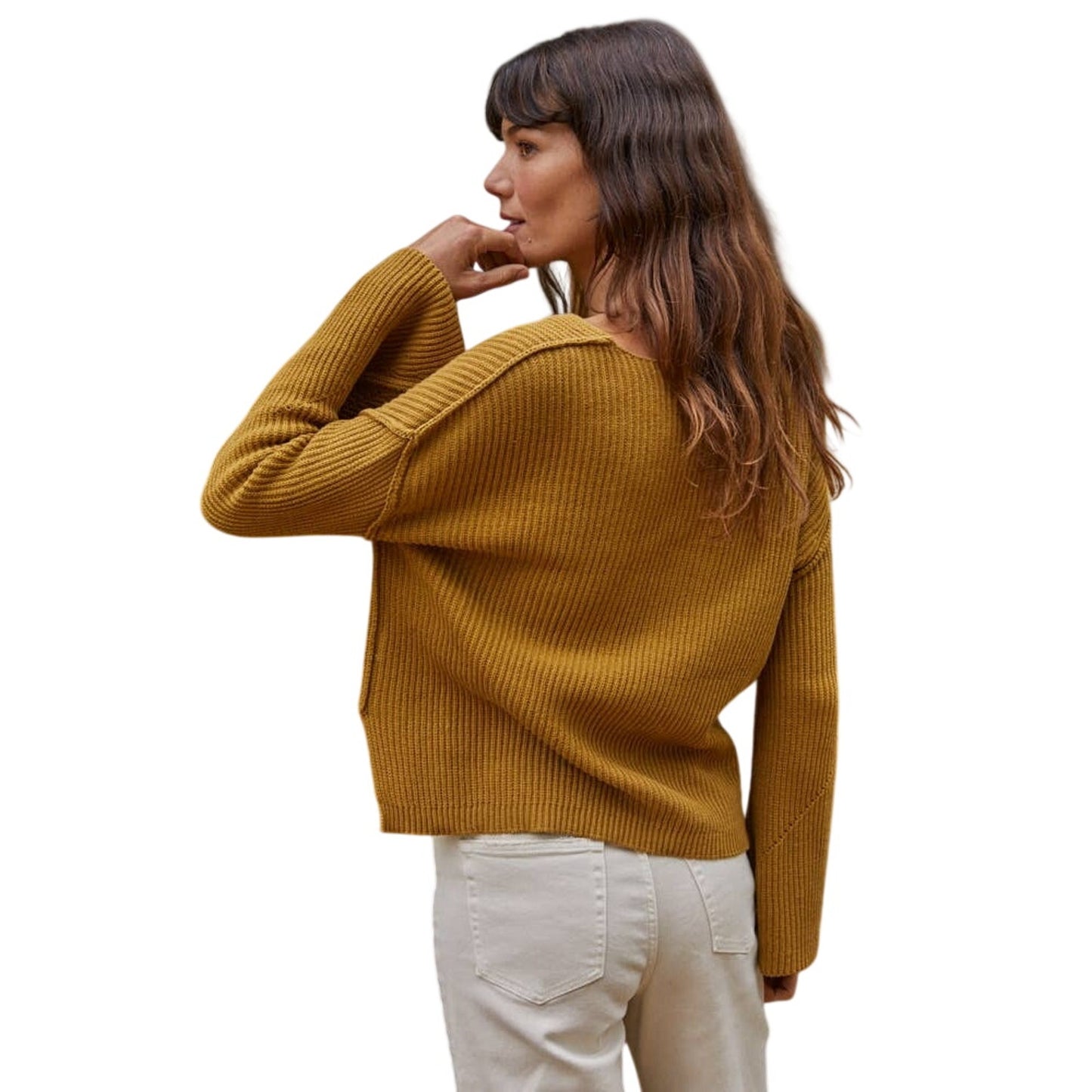Cali Mustard V-Neck Knit Sweater Drop Shoulder Slouchy