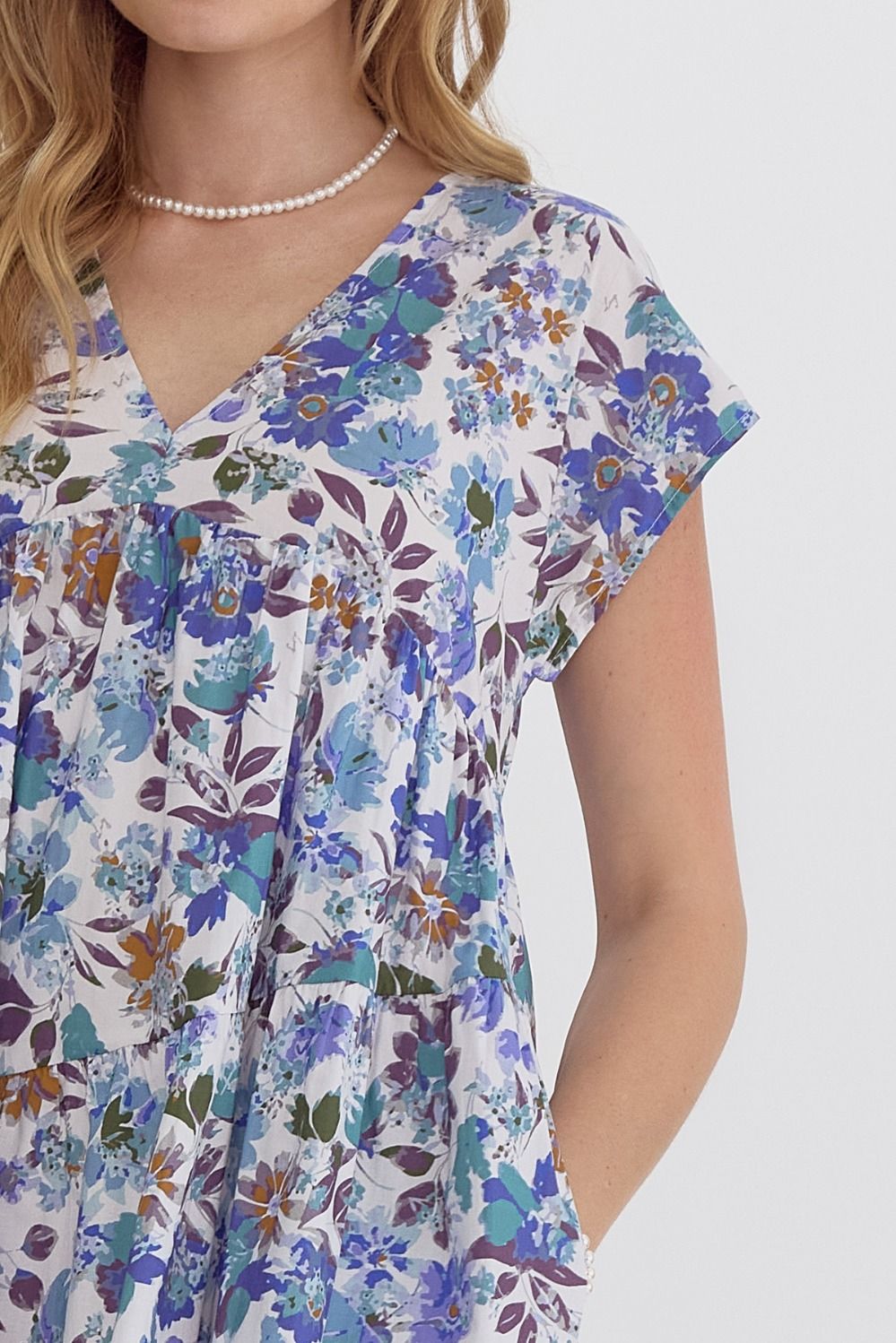 Lori Blue Floral V-Neck Mini Dress with Pockets – Entro Cotton - Mindy's Boutique