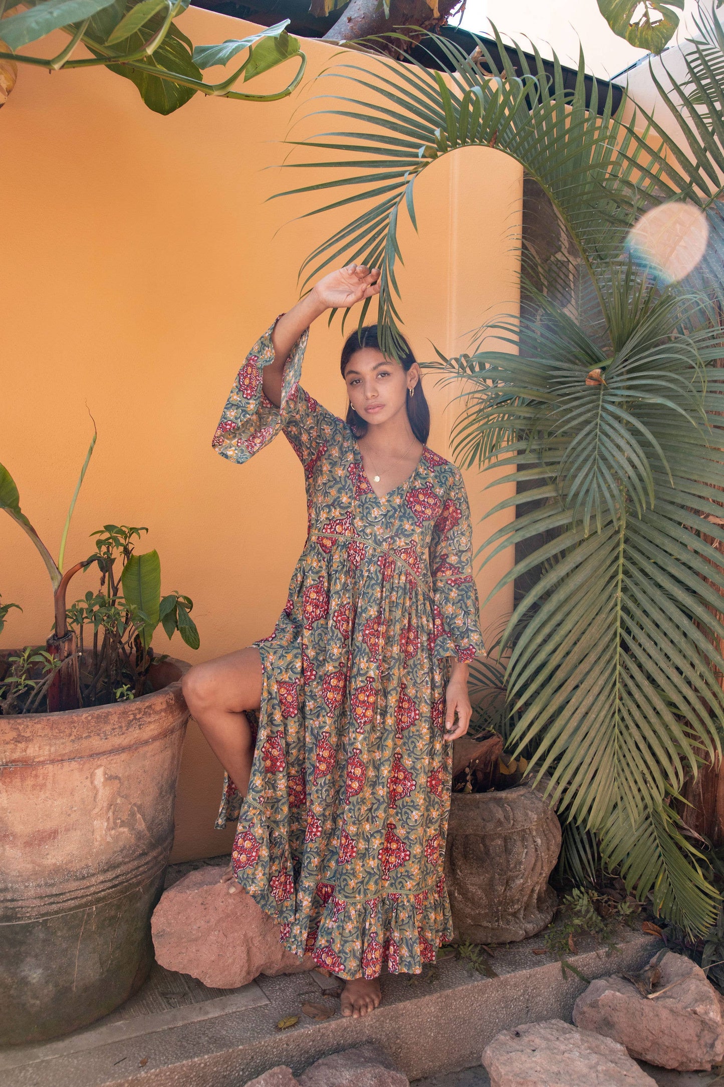 Omisha Block Printed Flare Sleeve Maxi Dress