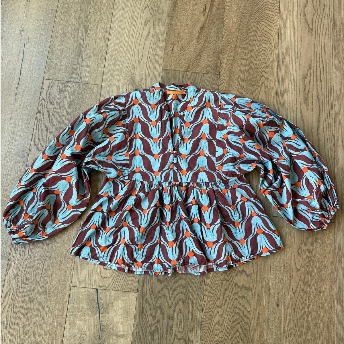 Oliphant Blue and Orange Floral Puff Sleeve Peplum Top XS