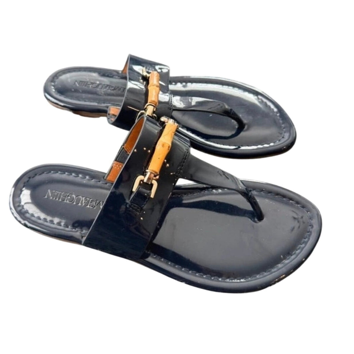 J. McLaughlin Navy Blue Patent Leather Bamboo Thong Sandals 7M - Mindy's Boutique