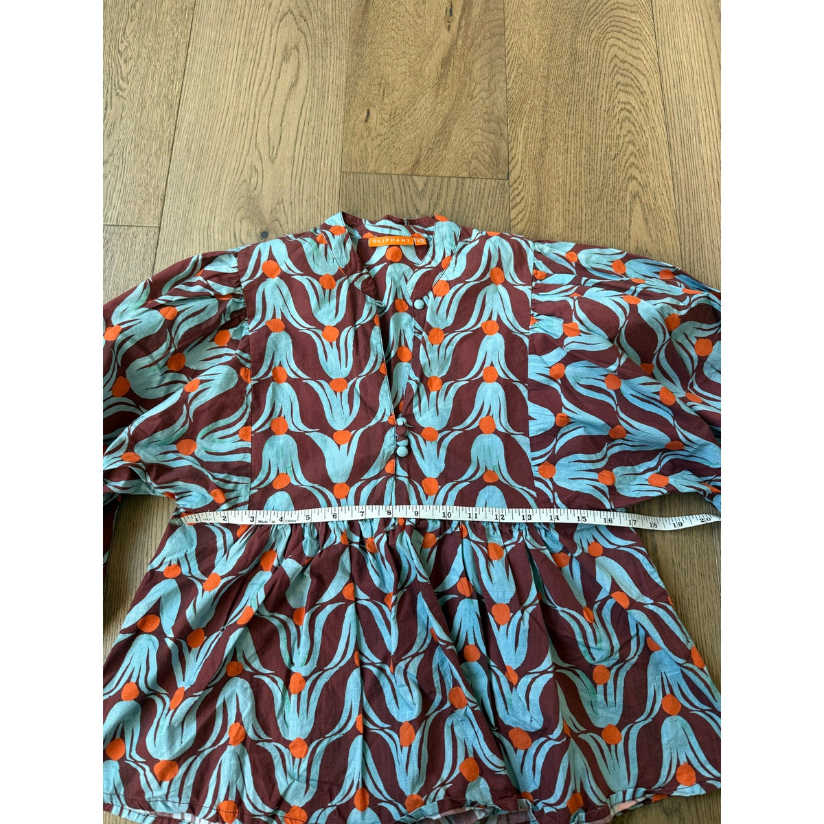 Oliphant Blue and Orange Floral Puff Sleeve Peplum Top XS