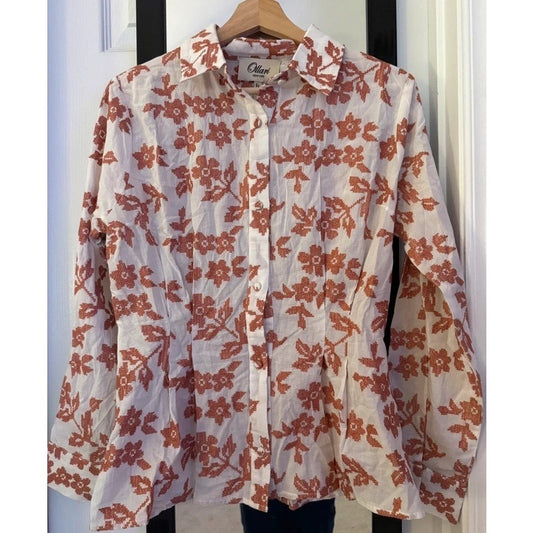 Ollari New York Structured Floral Button Down Shirt Blouse Rust Orange White M EUC