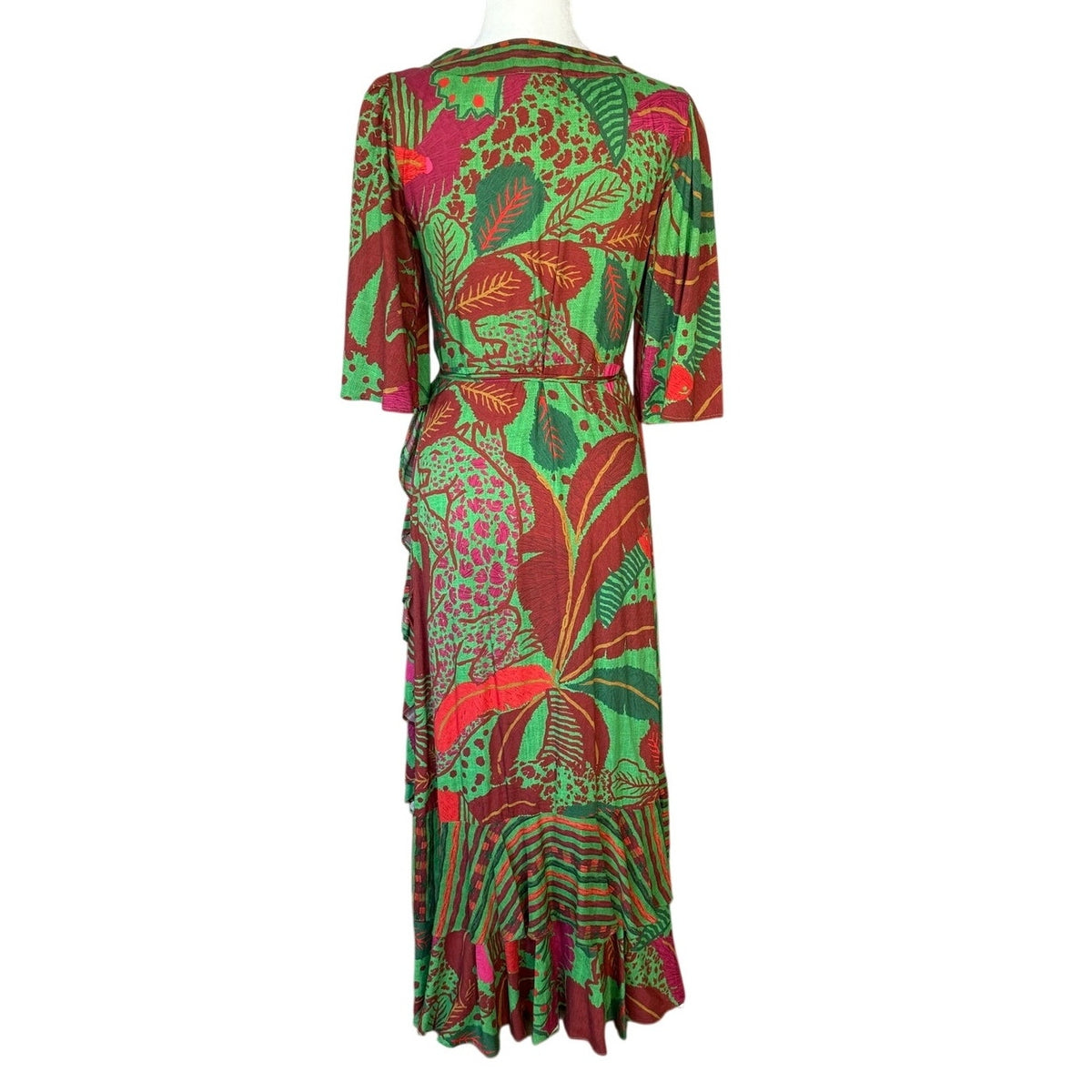 FARM Rio Vibrant Tropical Print Wrap Maxi Dress with Ruffles S
