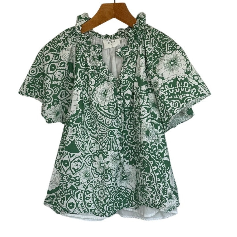 Hyacinth House Green and White Floral Paisley Blouse L