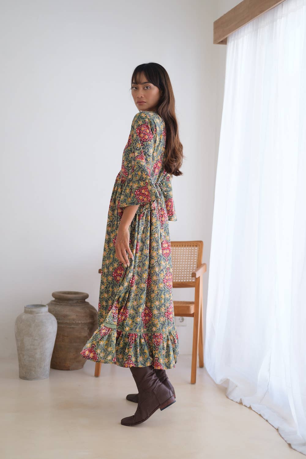 Omisha Block Printed Flare Sleeve Maxi Dress