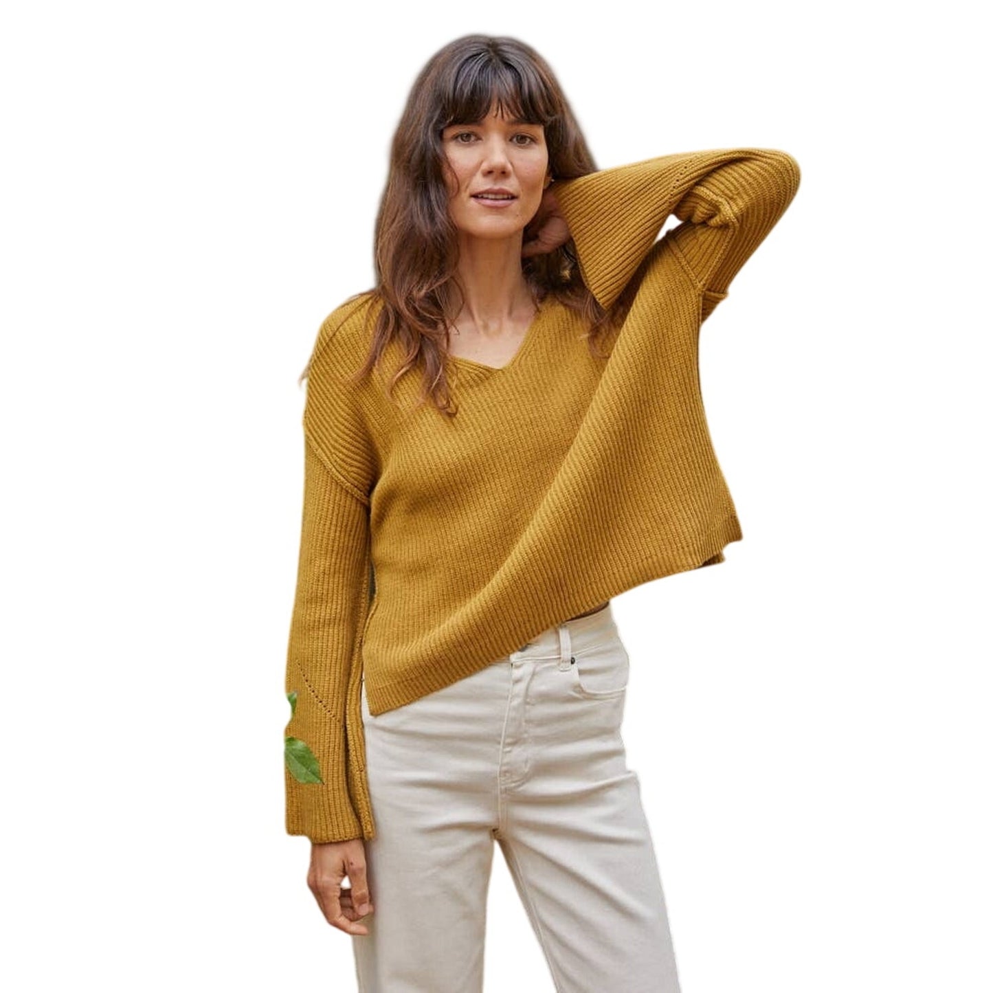 Cali Mustard V-Neck Knit Sweater Drop Shoulder Slouchy