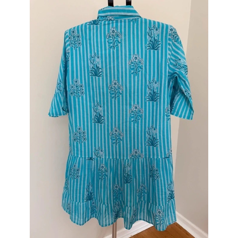 Victoria Dunn Sierra Mini Shirt Dress Blue Quartz Striped Floral NWT Medium M