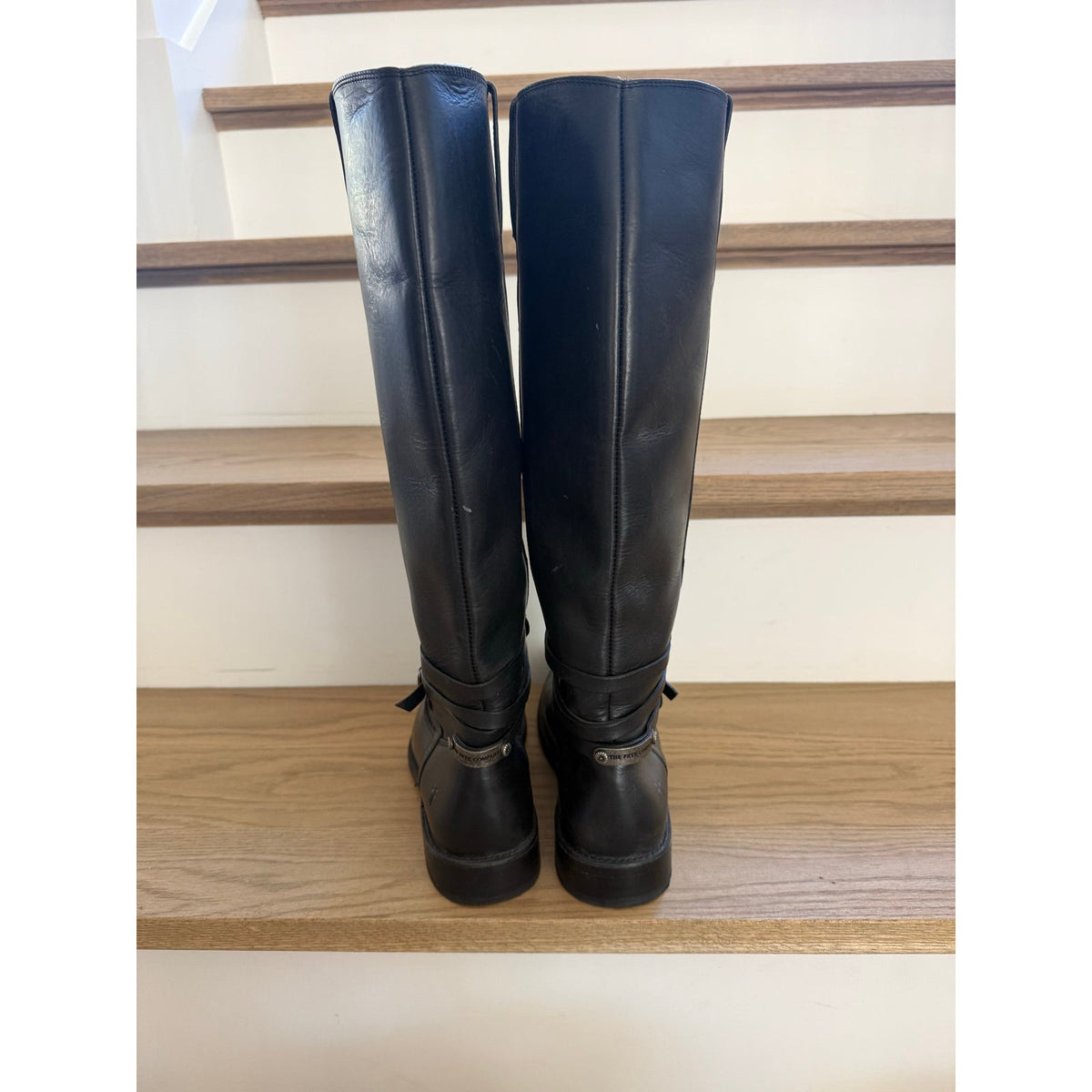 Frye Jane Strappy Black Leather Tall Riding Boots 8