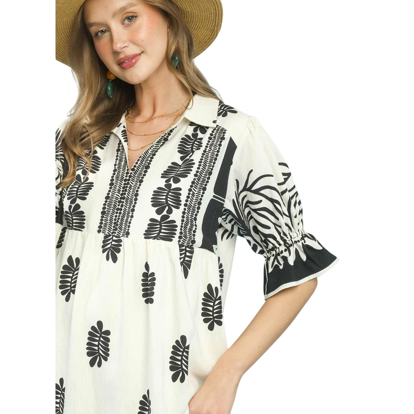 Border Print Boho Midi Dress Puff Sleeves Split Neck Lined Cream Black M