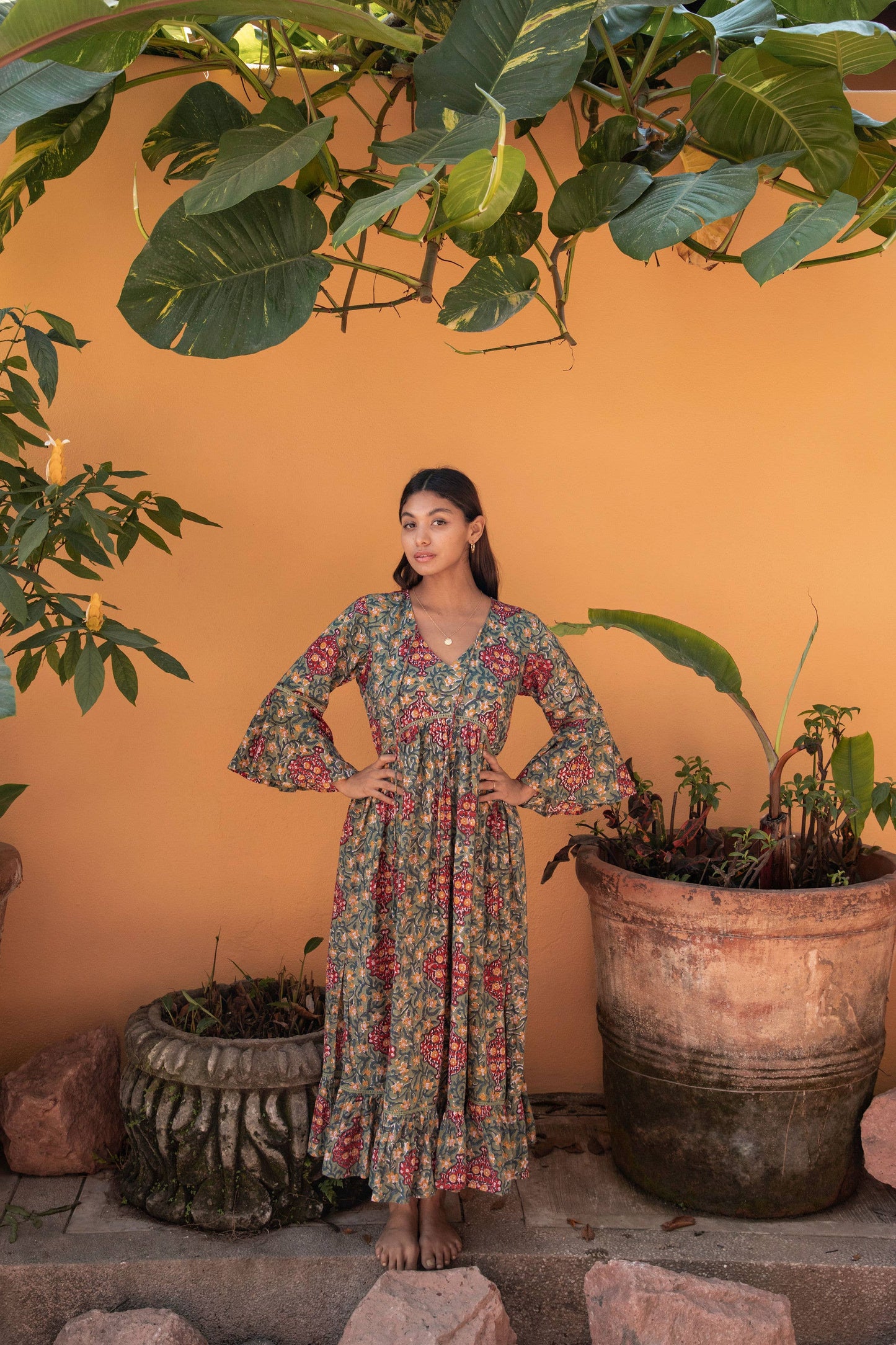 Omisha Block Printed Flare Sleeve Maxi Dress