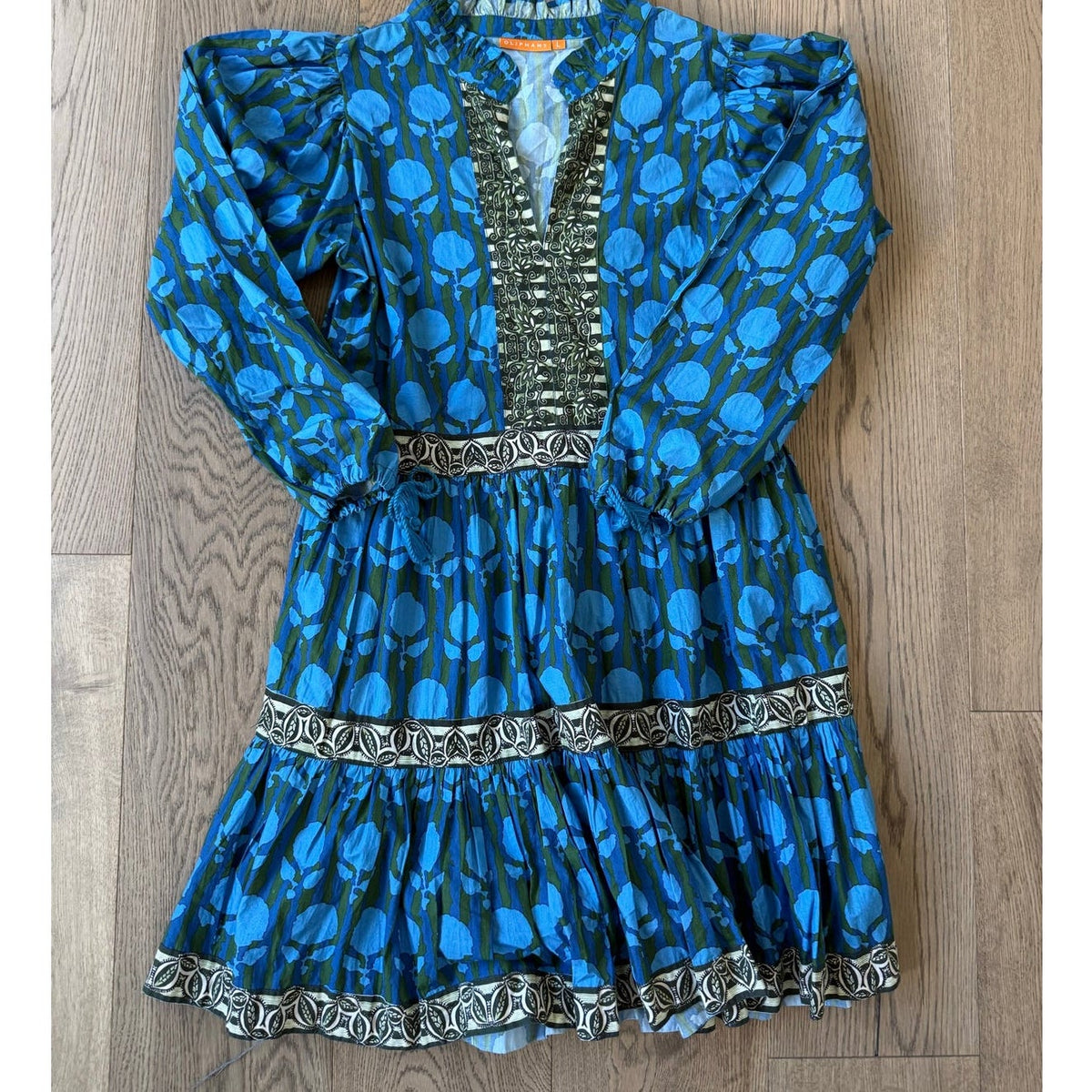 Oliphant Blue & Green Printed Tiered Mini Dress L