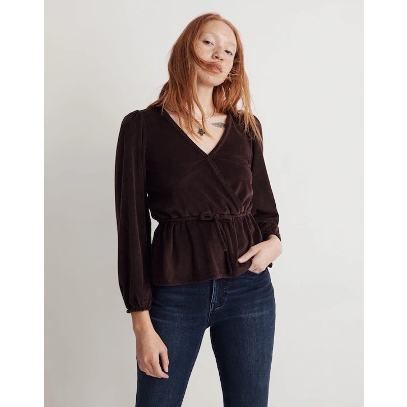 Madewell Corduroy Tie-Front Faux-Wrap Top in Dark Plum S