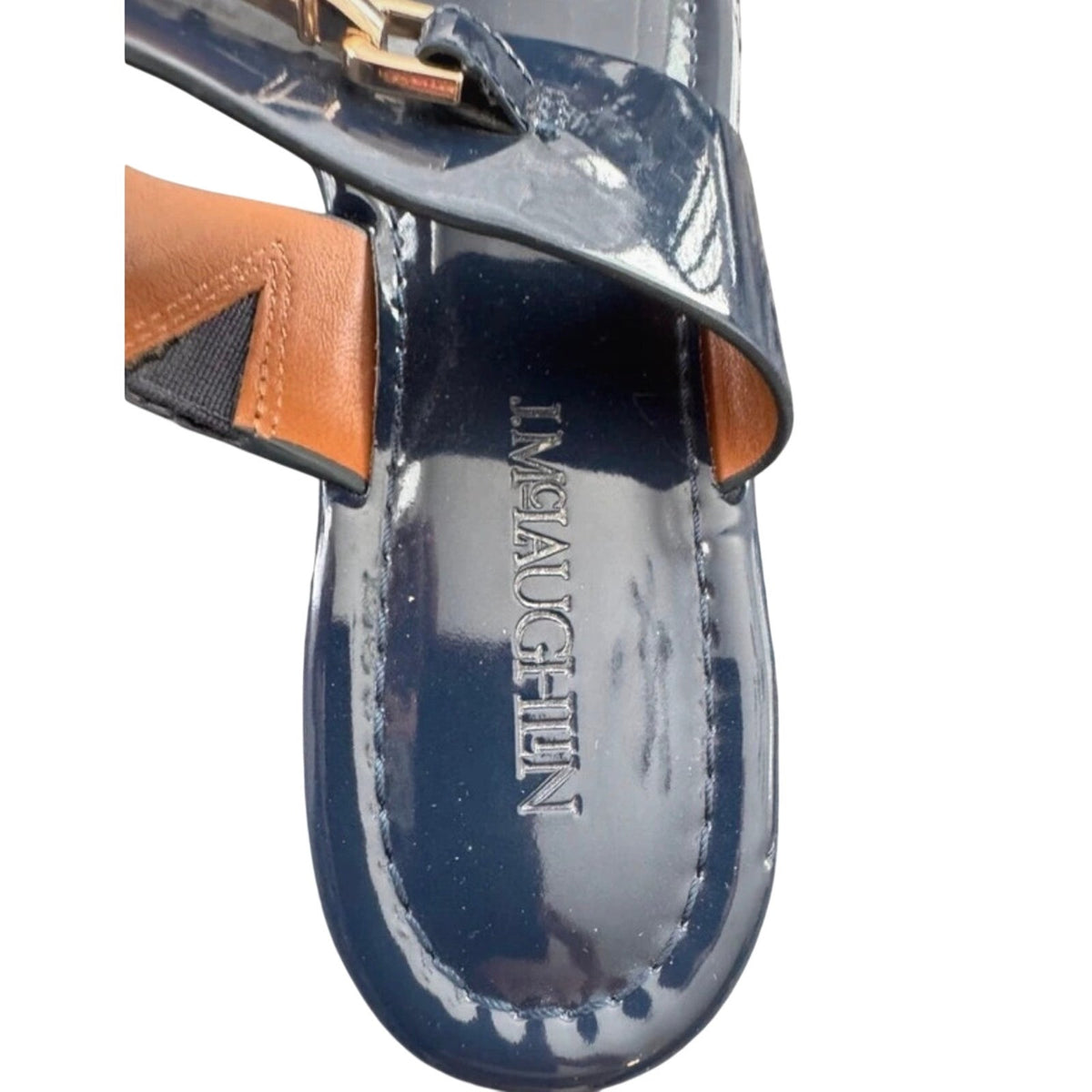 J. McLaughlin Navy Blue Patent Leather Bamboo Thong Sandals 7M - Mindy's Boutique