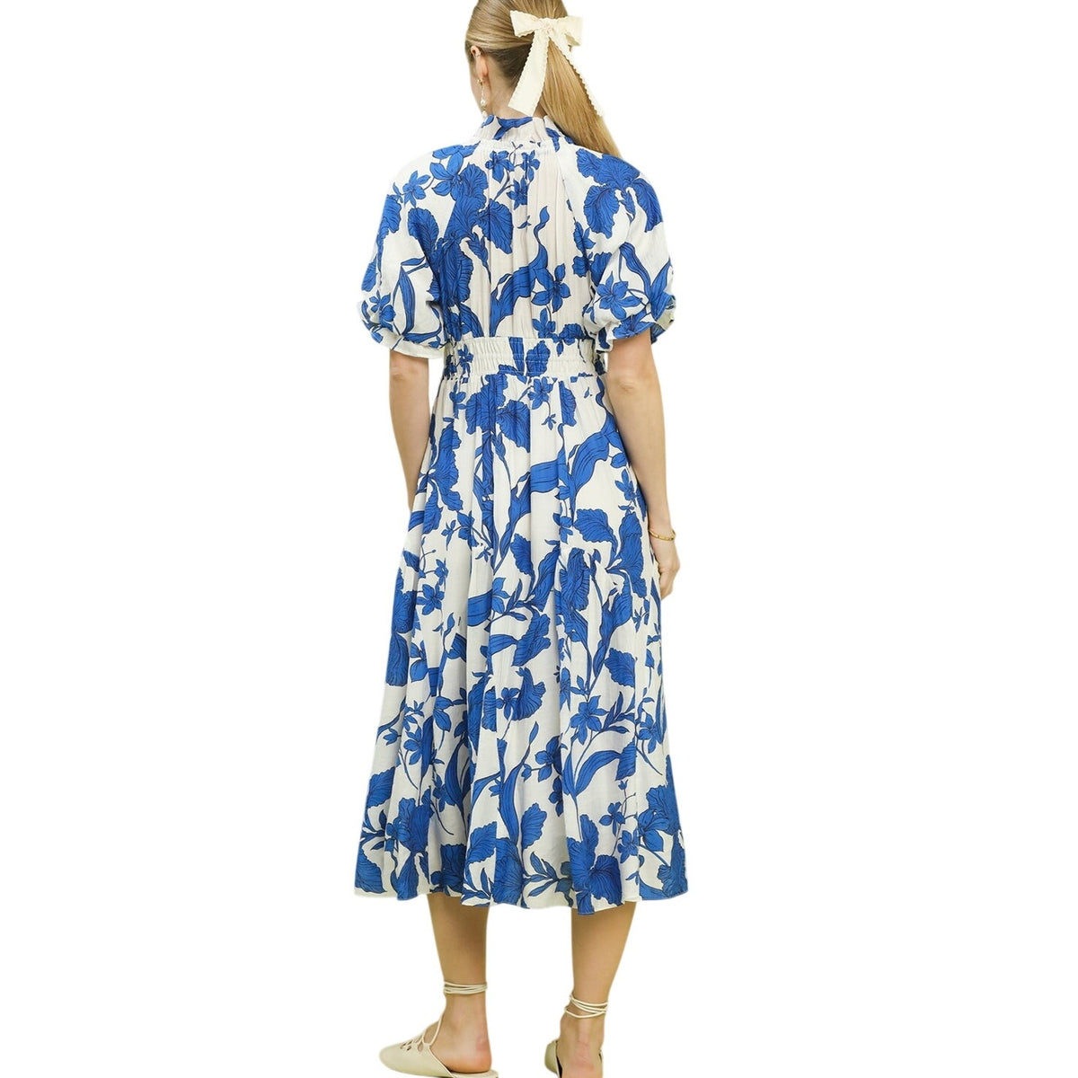 Stacey Dress Umgee Blue White Floral Smocked Midi V-Neck