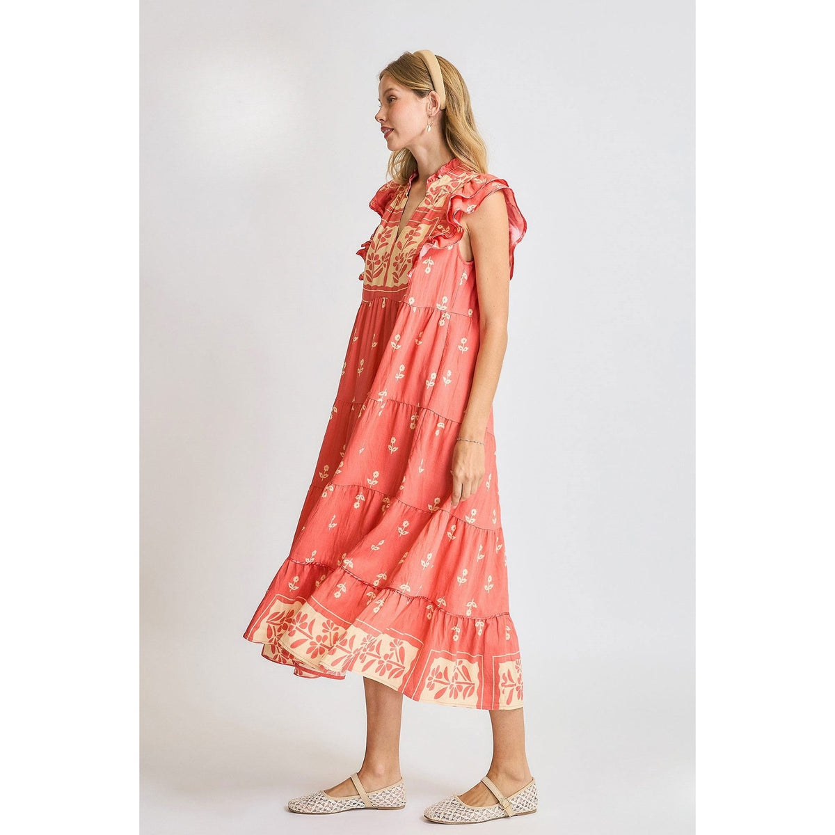 Umgee Juniper Coral Floral Tiered Boho Midi Dress - Mindy's Boutique