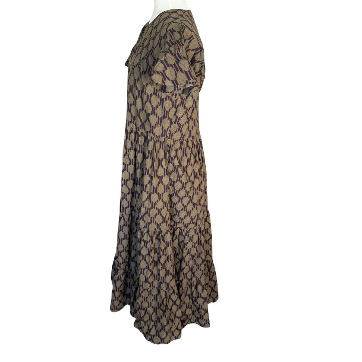 Oliphant Dipsy V-Neck Tiered Flutter Sleeve Maxi Dress Olive Green Geometric L