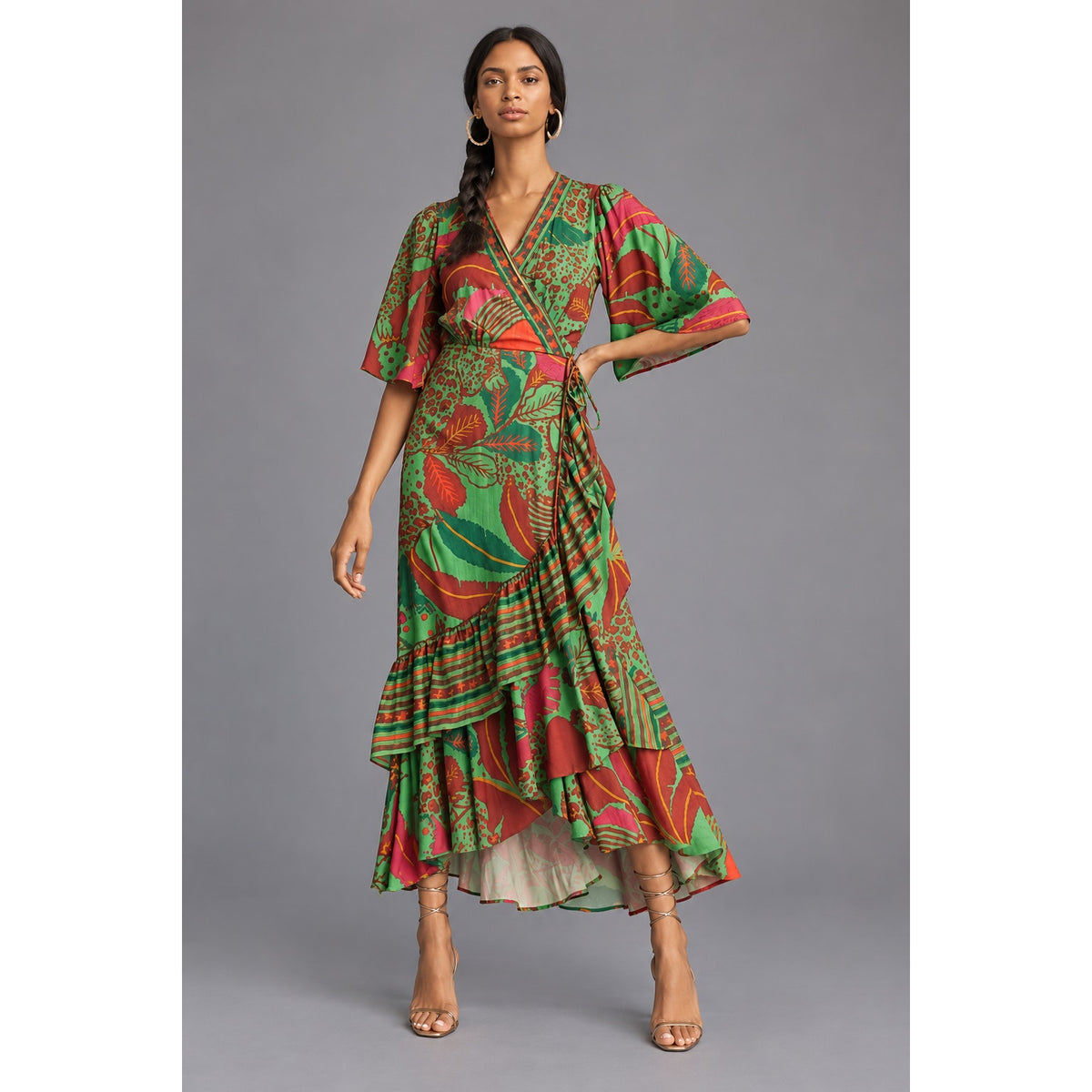 FARM Rio Vibrant Tropical Print Wrap Maxi Dress with Ruffles S