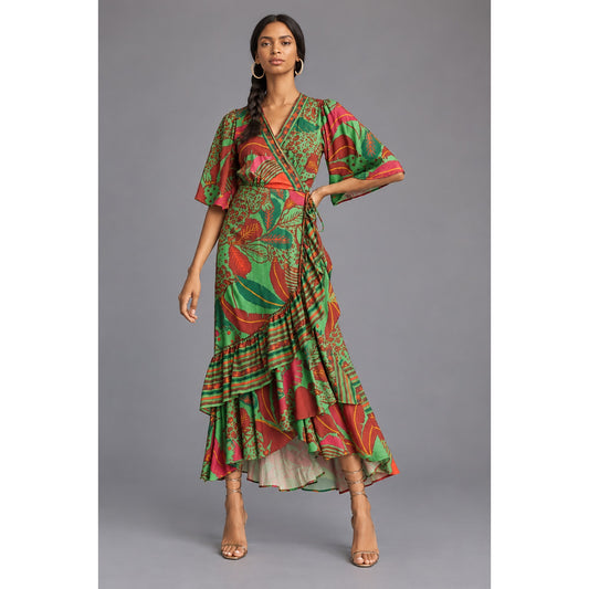 FARM Rio Vibrant Tropical Print Wrap Maxi Dress with Ruffles S