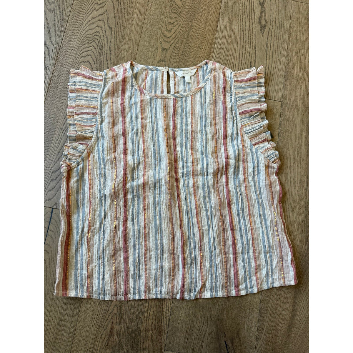 Garnet Hill Pastel Striped Ruffle Sleeve Top with Gold Lurex Detail M