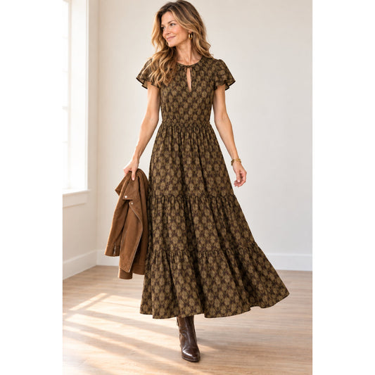 Oliphant Dipsy V-Neck Tiered Flutter Sleeve Maxi Dress Olive Green Geometric L
