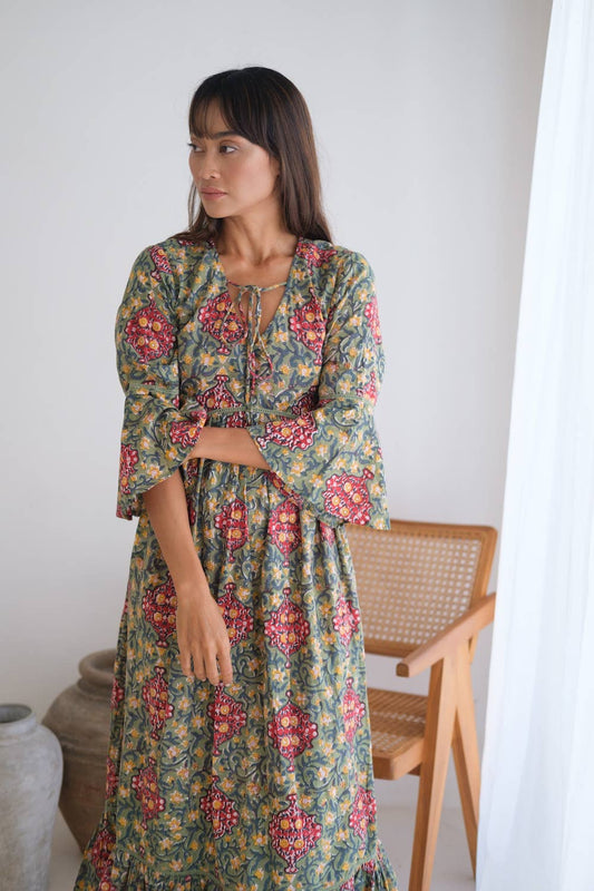 Omisha Block Printed Flare Sleeve Maxi Dress