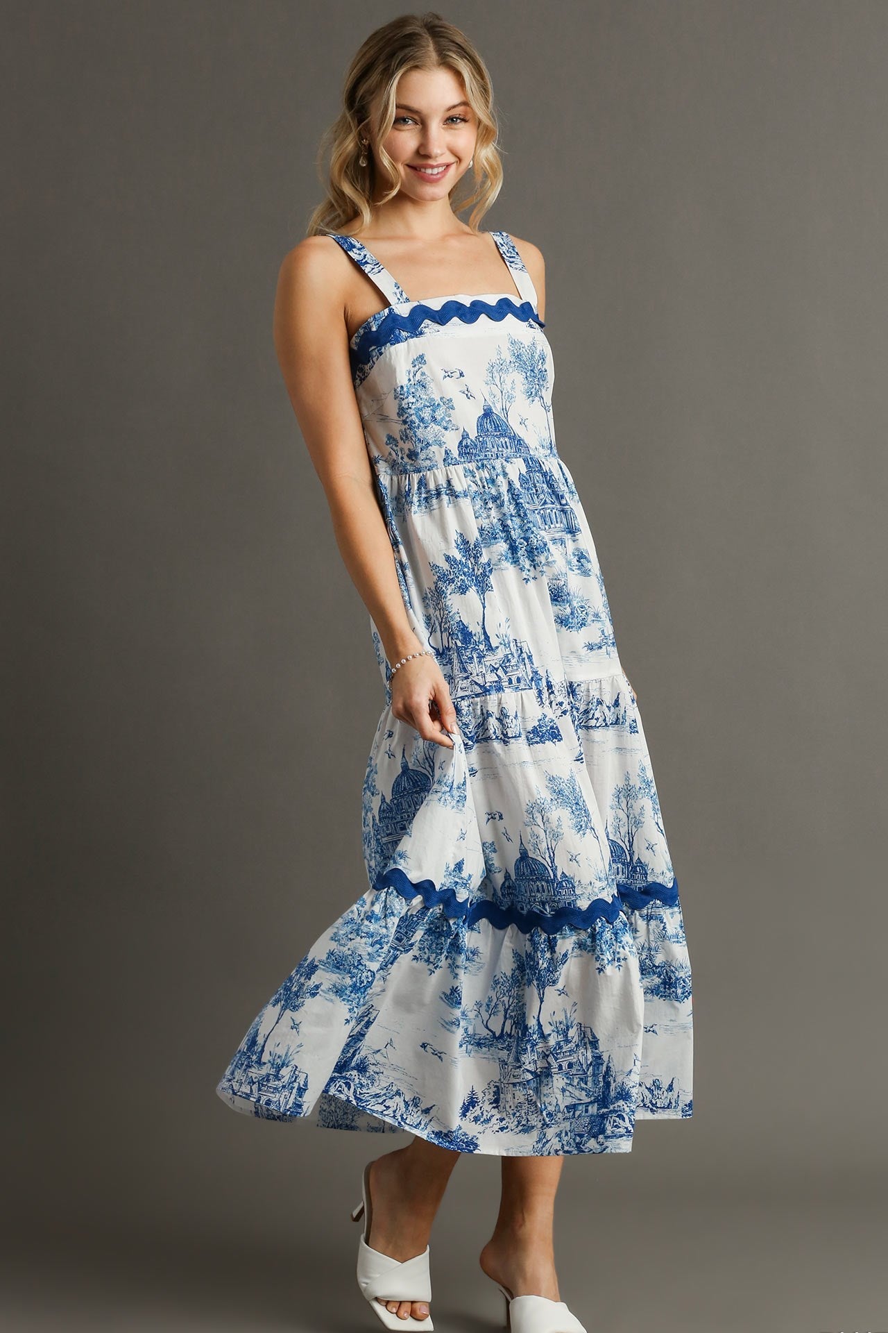 Margot Blue Toile Ric Rac Trim Cotton Midi Dress