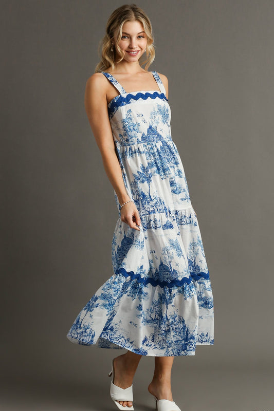 Margot Blue Toile Ric Rac Trim Cotton Midi Dress