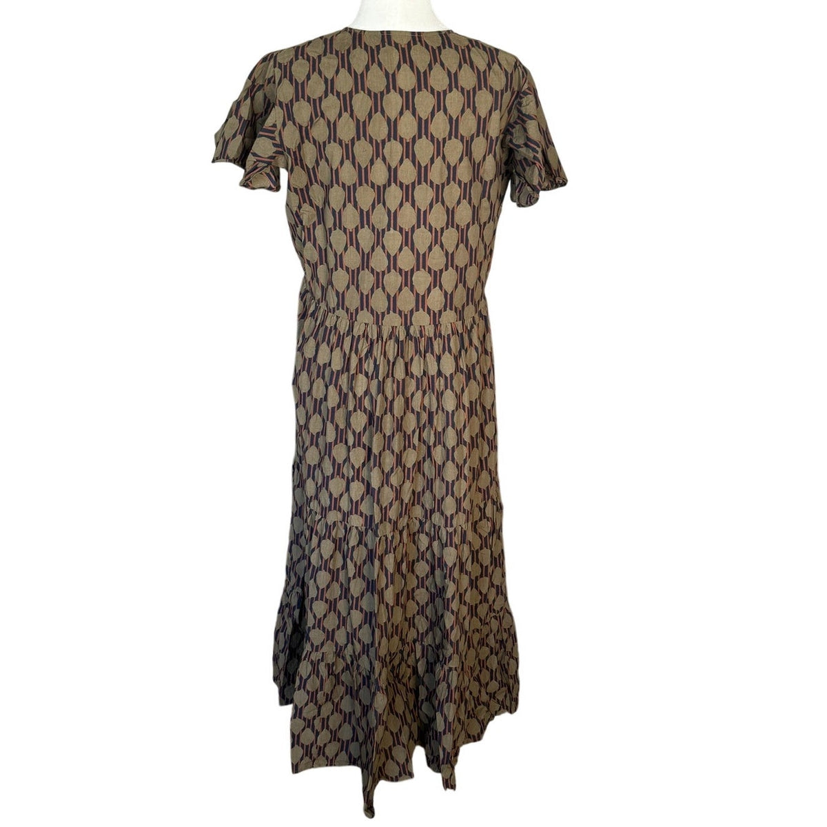 Oliphant Dipsy V-Neck Tiered Flutter Sleeve Maxi Dress Olive Green Geometric L