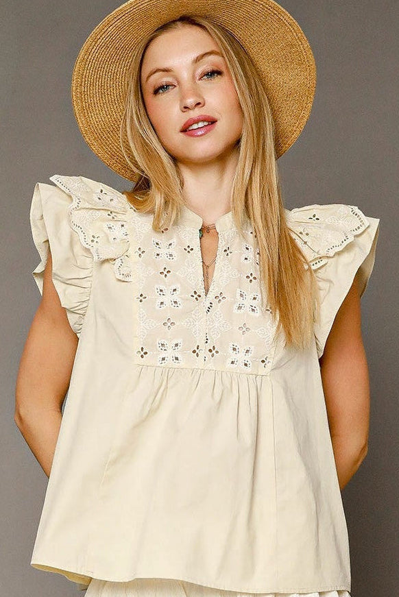 Miranda Embroidered Ruffle Sleeve Cotton Blouse Top