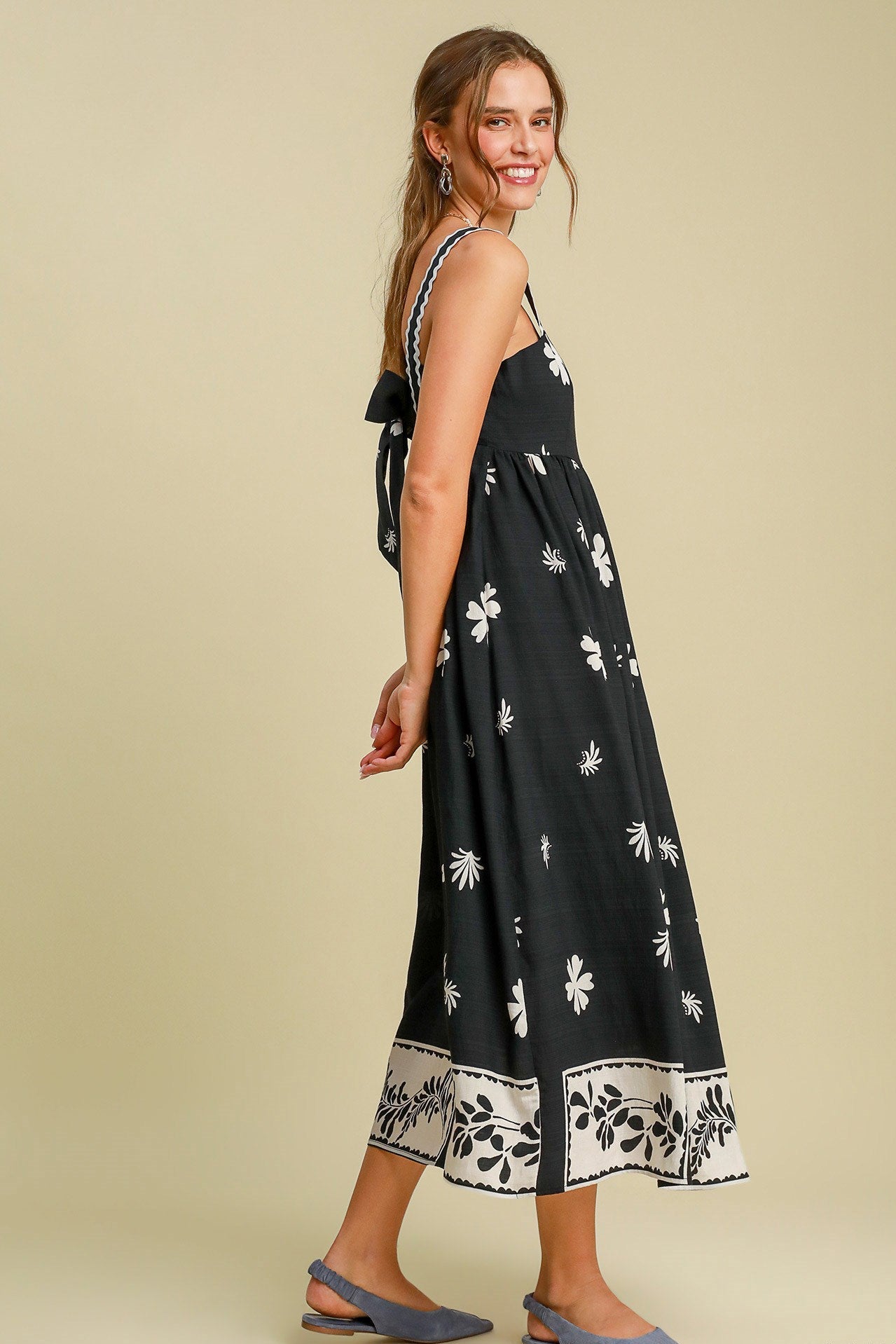 Carrie Black Floral Border Tie in back Midi Dress