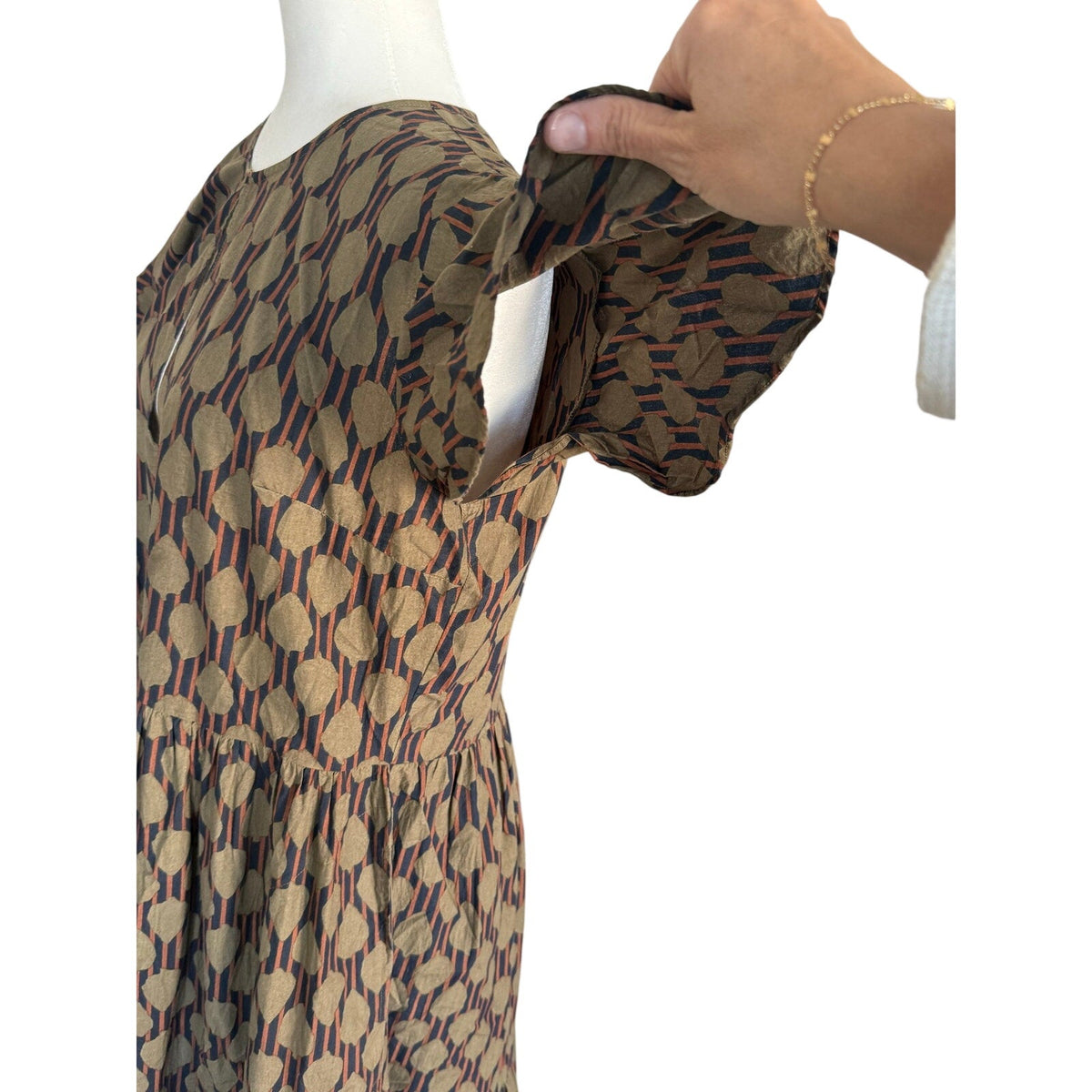 Oliphant Dipsy V-Neck Tiered Flutter Sleeve Maxi Dress Olive Green Geometric L
