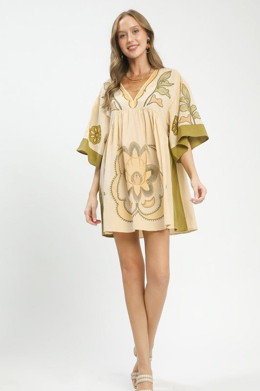 Bradley Embroidered Olive Kaftan Mini Dress