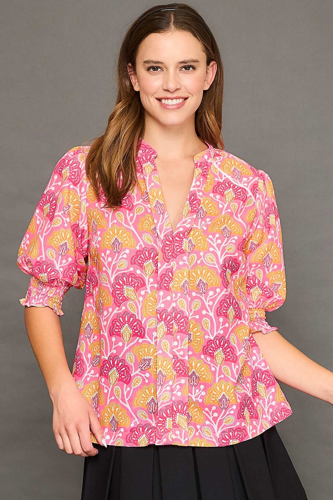 June Pink Floral V-Neck Blouse with Smocked Sleeves