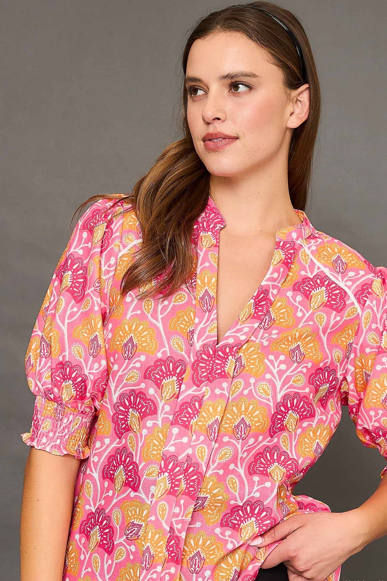 June Pink Floral V-Neck Blouse with Smocked Sleeves - Mindy's Boutique