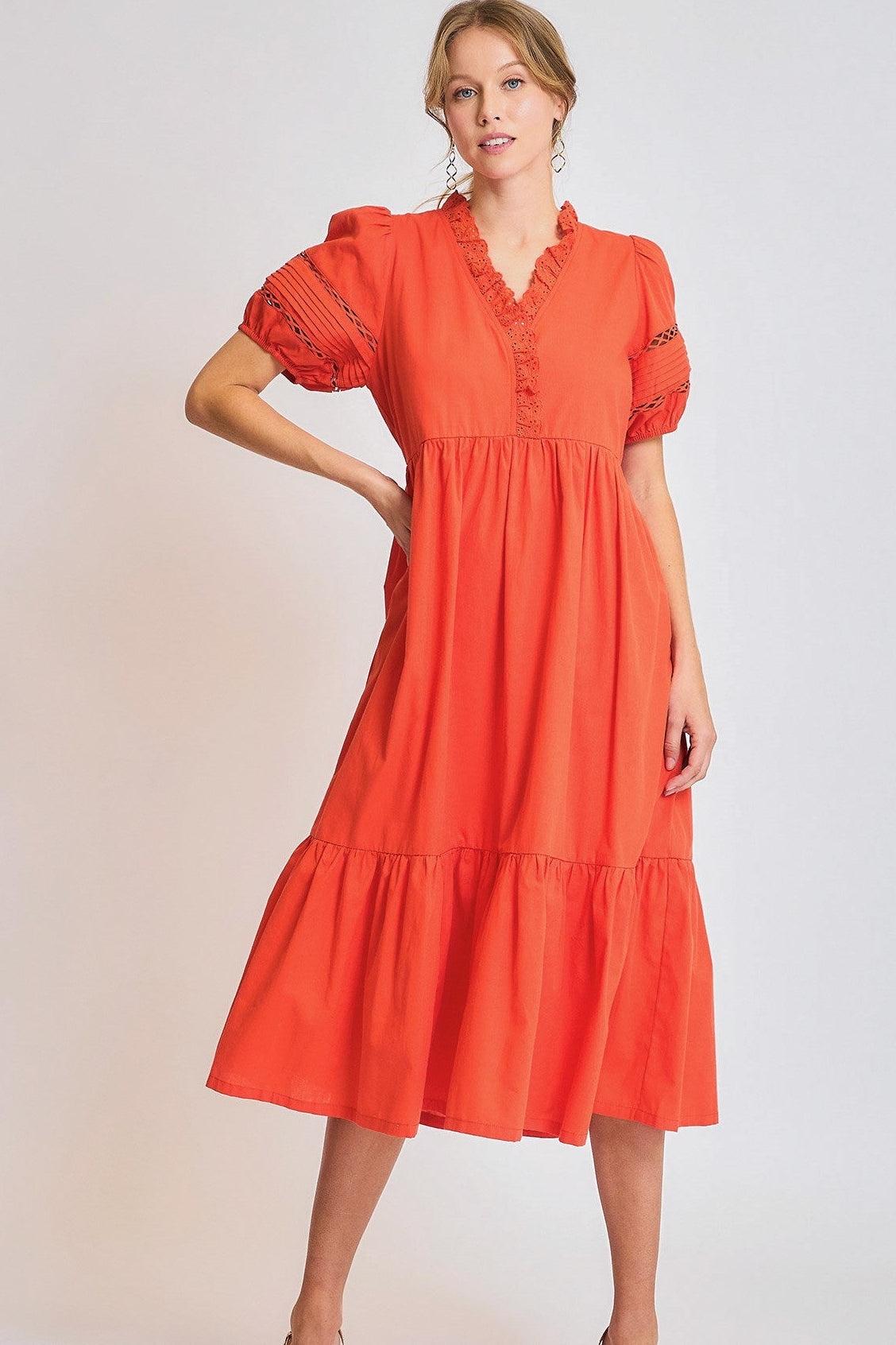 Red Trim Puff Sleeve Tiered Midi Dress – Cotton