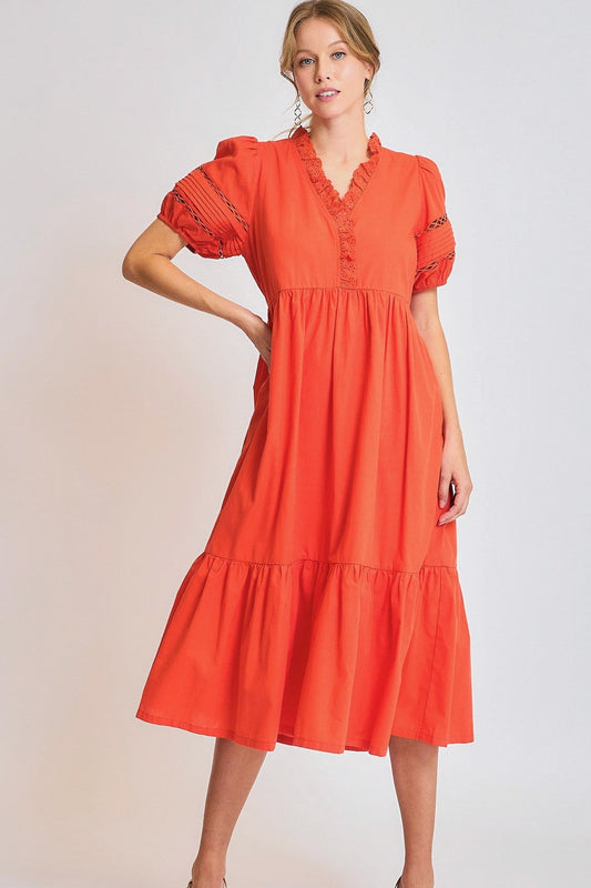 Red Trim Puff Sleeve Tiered Midi Dress – Cotton