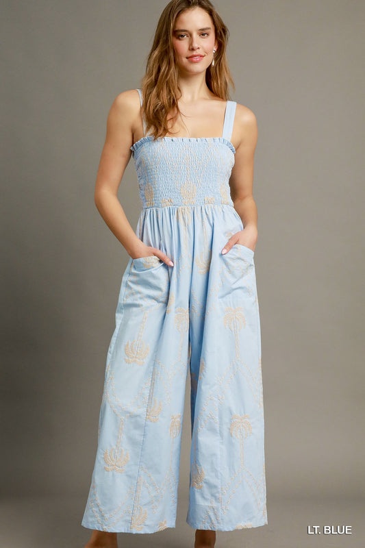 Ivy Light Blue Palm Print Smocked Wide-Leg Jumpsuit with Pockets – Boho Resort Style - Mindy's Boutique