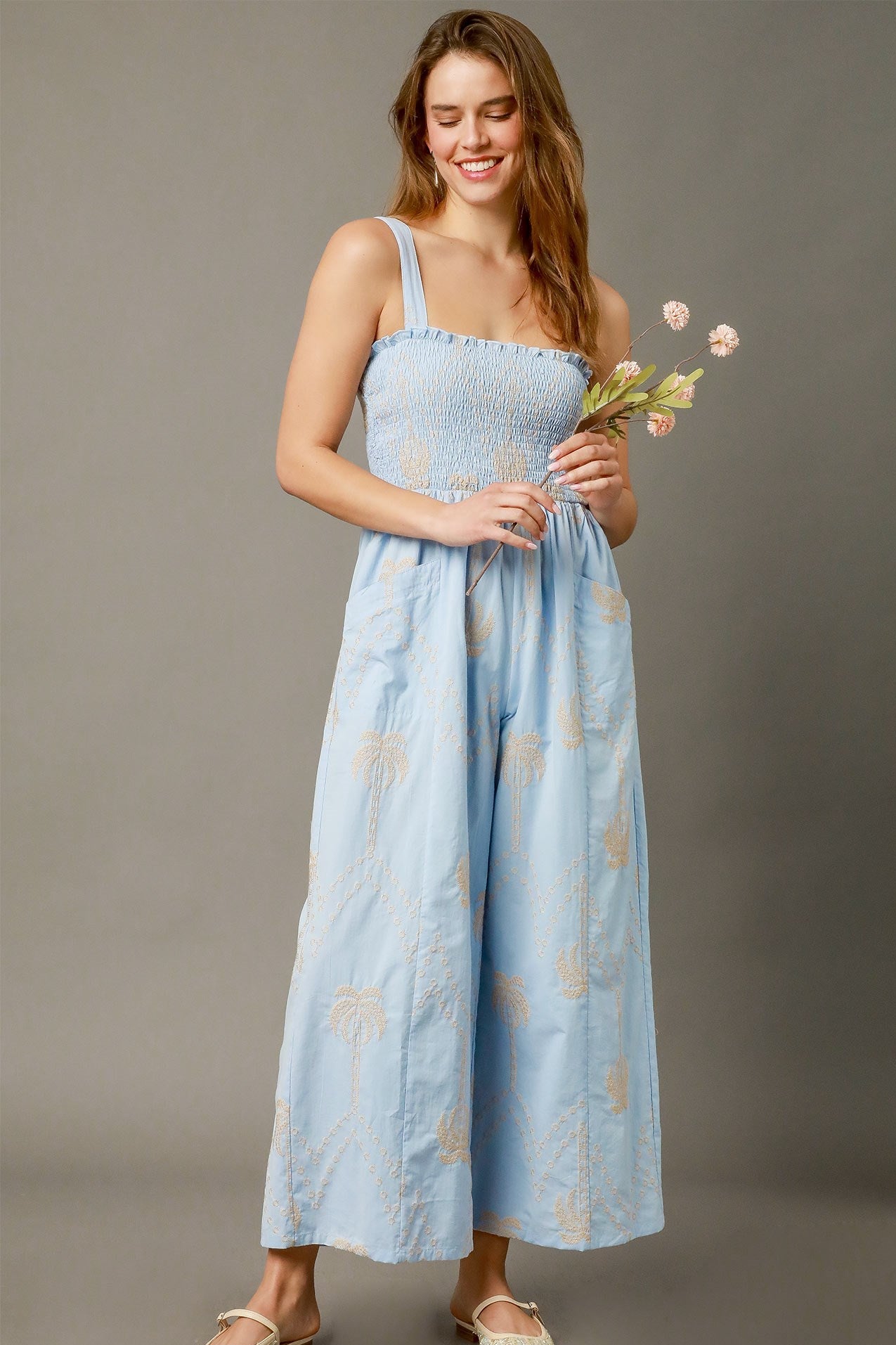 Ivy Light Blue Palm Print Smocked Wide-Leg Jumpsuit with Pockets – Boho Resort Style - Mindy's Boutique